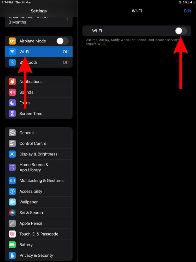 Disable Wi-Fi on iPad