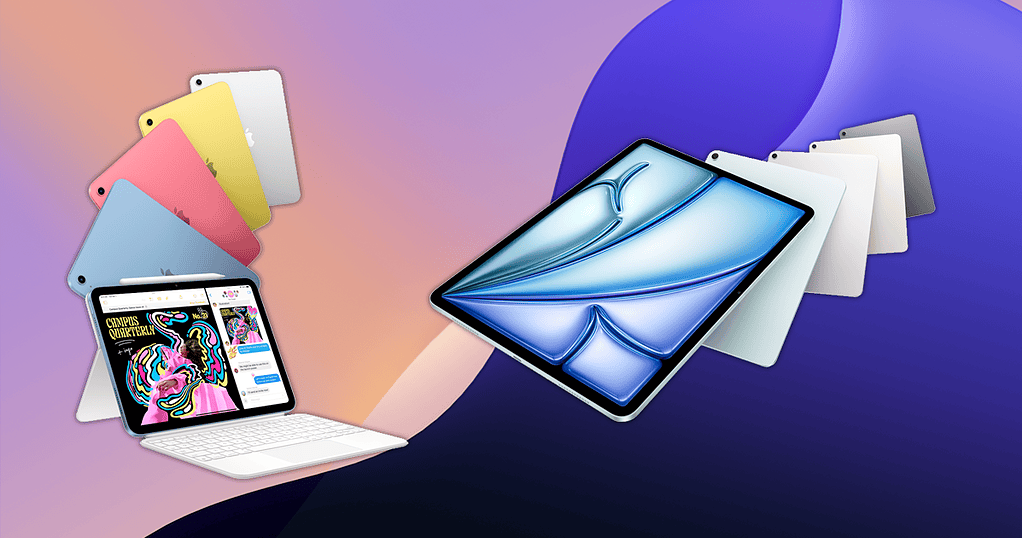 Announcement renders for the 2025 iPad 11 and iPad Air M3 over the default iPadOS wallpaper