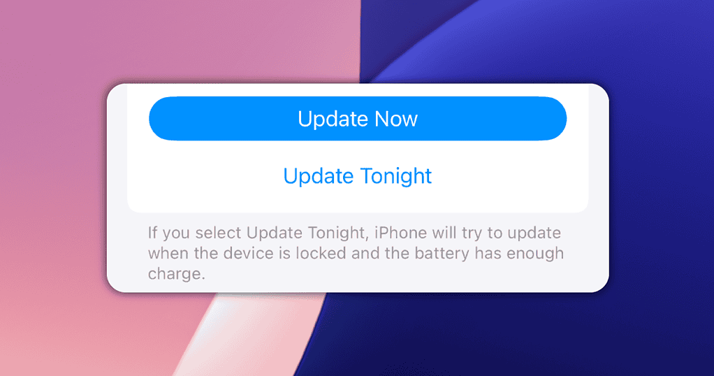 iOS update buttons displaying update now or tonight options, alongside with details about the latter, over a default iOS 18 wallpaper