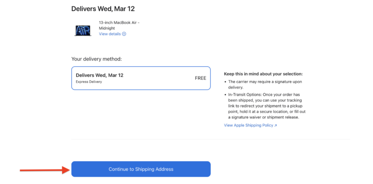 Screenshot of the Continue to Shipping Details page