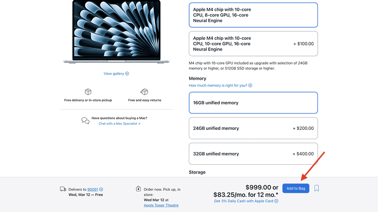 Screenshot to select specific hardware configuration